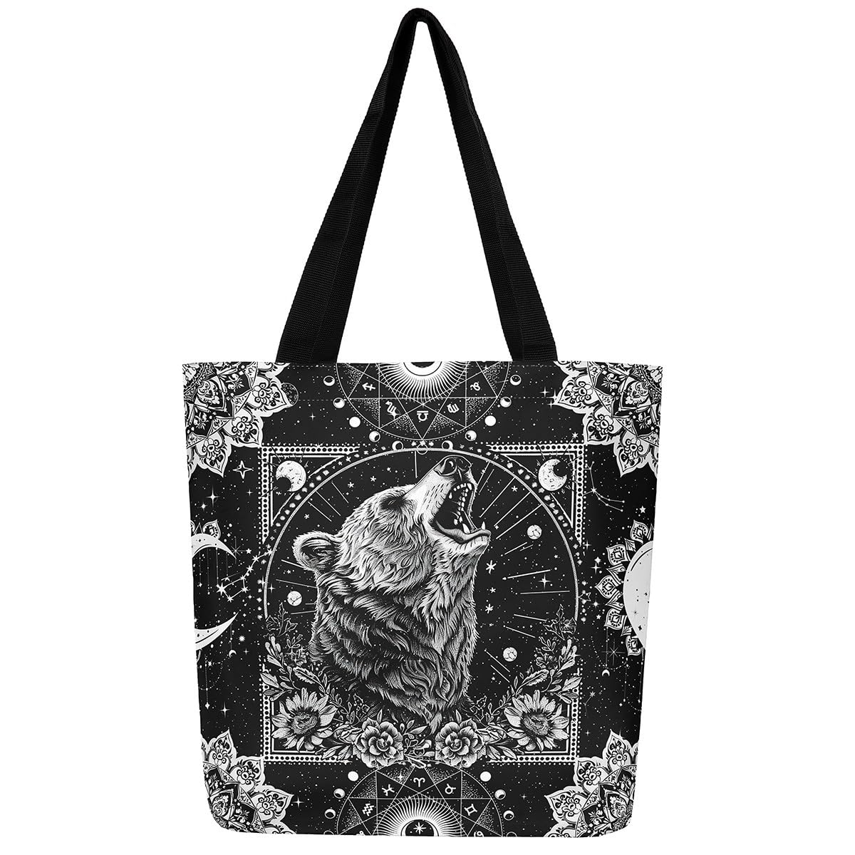 Loussiesd Sun Moon Travel Beach Bag Boho Bear Canvas Tote Bags 50x40cm for Women Gifts Wild Animal Reusable Grocery Bag for Shopping Gym Nature Wildlife Bear
