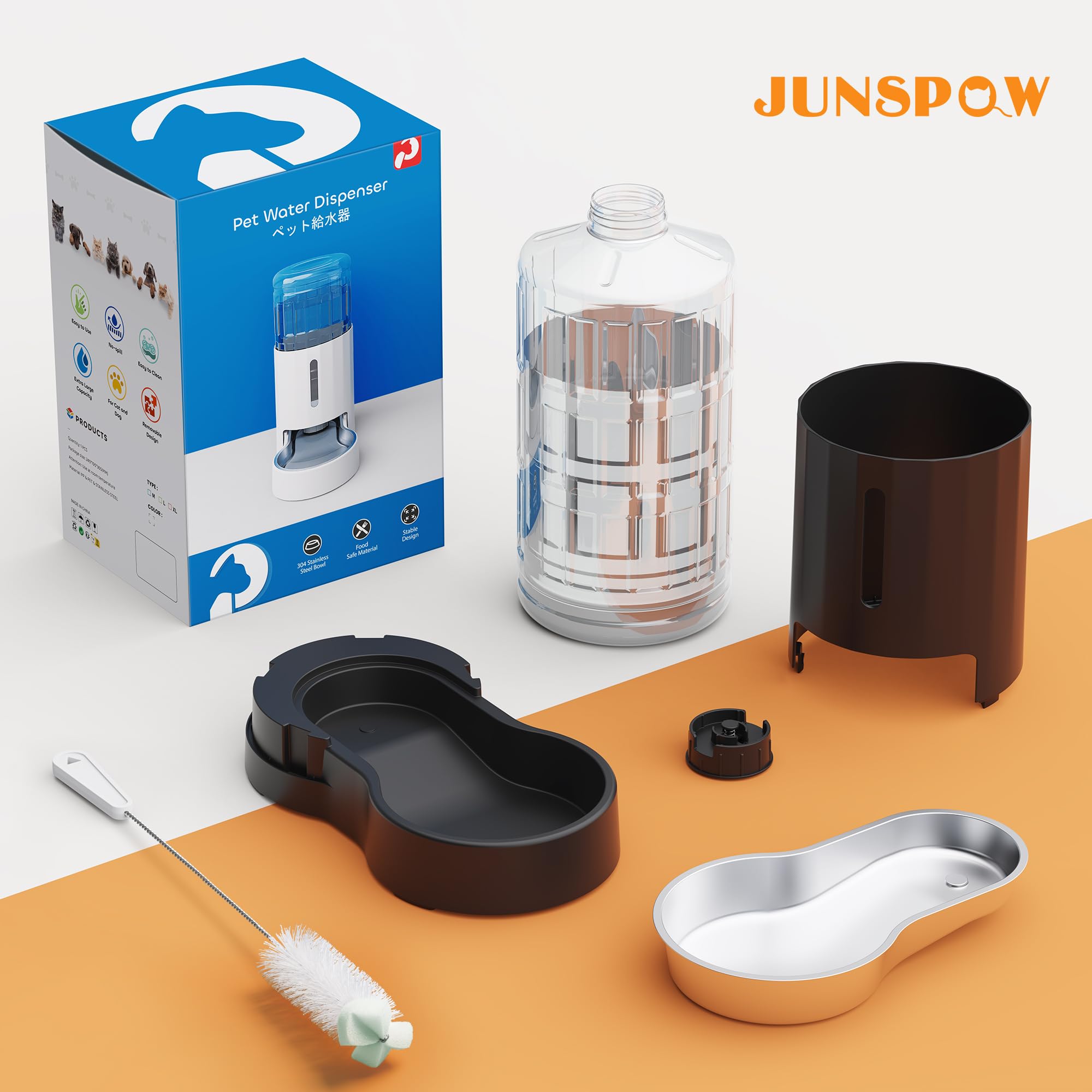 JUNSPOW Automatischer 7-Liter-Filter für Hunde und Katzen, Wasserspender mit Edelstahlnapf, Schwerkraft-Bewässerung, große Kapazität und Trinkbereich, geräuschfrei für Haustiere