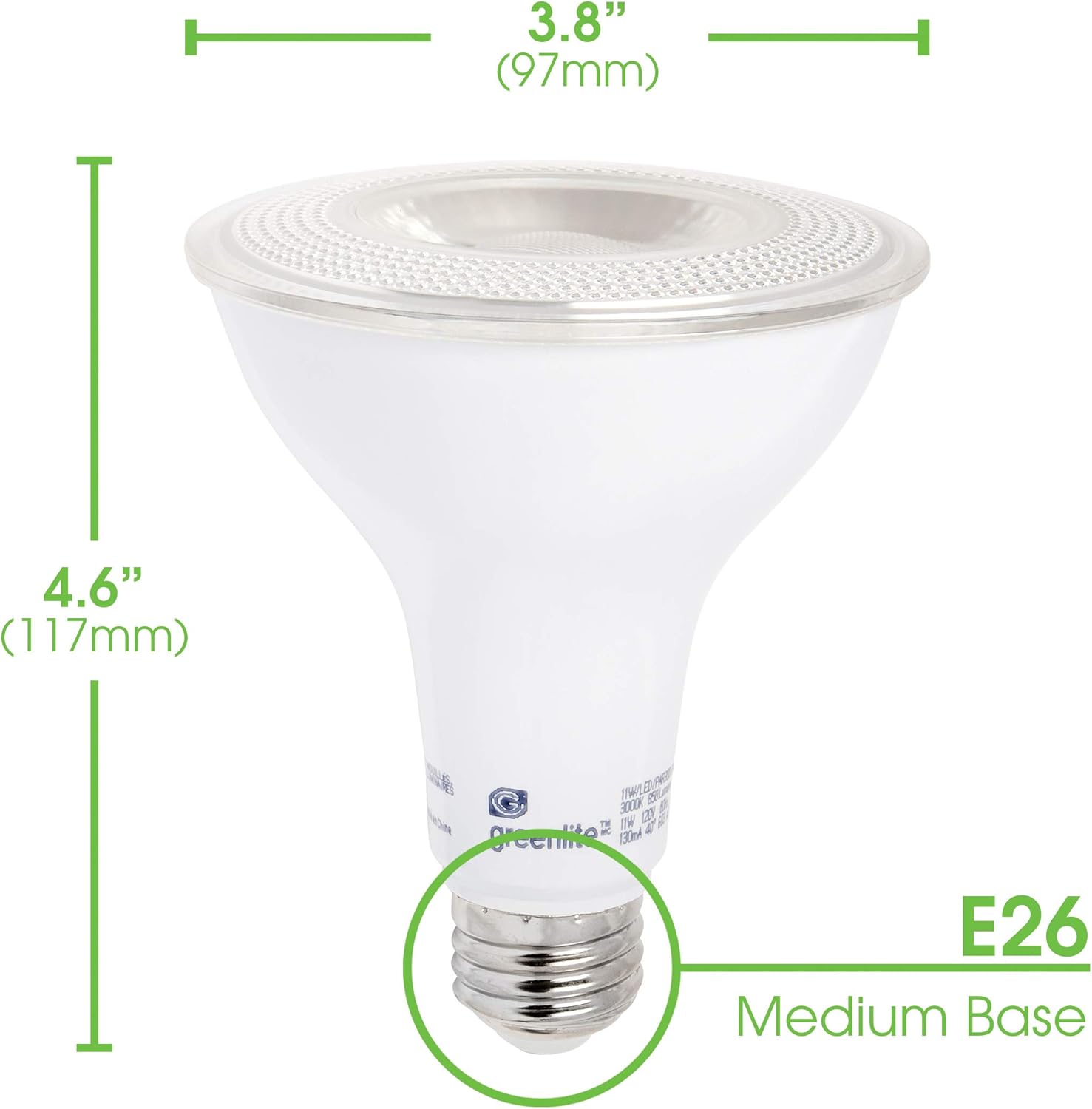Greenlite LED PAR30 bulb with dimensions and E26 Medium Base labeled