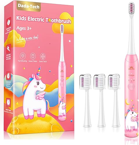 DADA-TECH Cepillo de dientes eléctrico para niños, recargable, suave cepillo de dientes de unicornio con temporizador alimentado por tecnología
