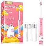 Kids Toothbrush Electric Girls Electric Toothbrush Rechargeable Age 3-5-6-12-18 Year Old, 3 Modes 4 Vibrating Heads Habit-Forming Stickers 31000VPM Girls Toothbrush (Unicorn Pink)