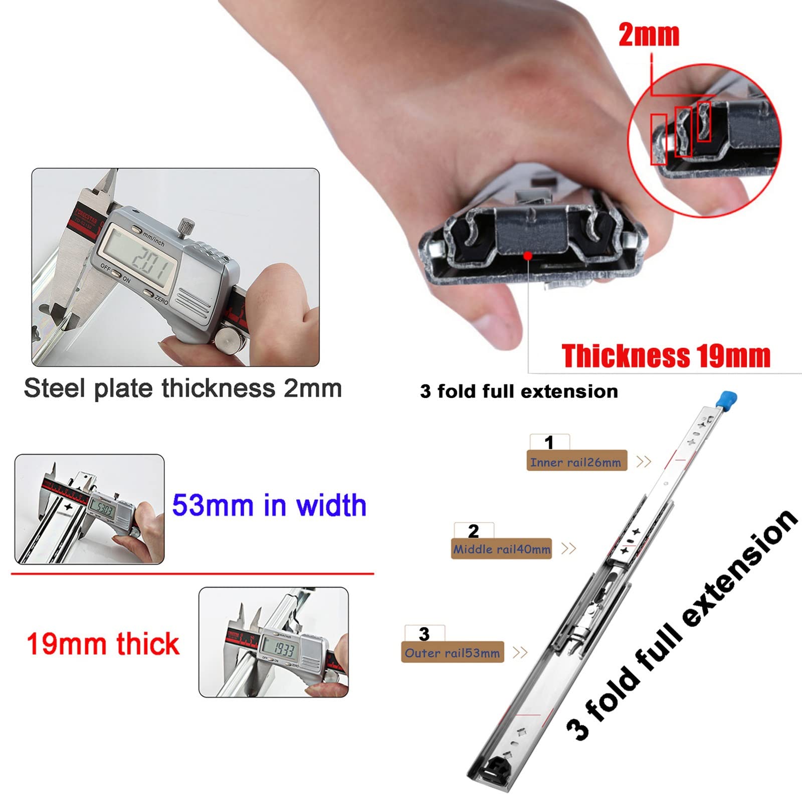 Guide scorrevoli per cassetti resistenti, estensione completa con cuscinetti a sfera, capacità 120 kg, confezione da 2, lunghezza 250-1500 mm, guide affidabili per un funzionamento regolare dei