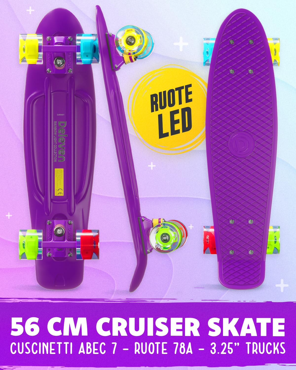 Deleven Skateboard 56cm con Ruote LED, Tool per Skate e Cuscinetti Abec 7 - Per Bambini Principianti Ragazze Ragazzi Adolescenti Adulti