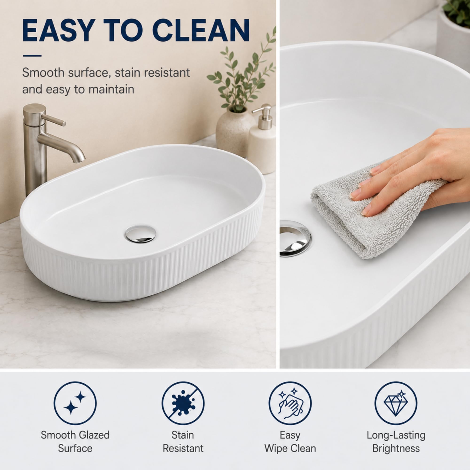 MAGIC SELECT Umywalka Ceramiczna, Biała Umywalka Nablatowa Odporna Na Plamy Do Łazienki, Łatwa W Czyszczeniu, Elastyczna Rura Z Wbudowanym Korkiem Pop-Up, Idealna Do Łazienki Lub Toalety, 580X36,5X12