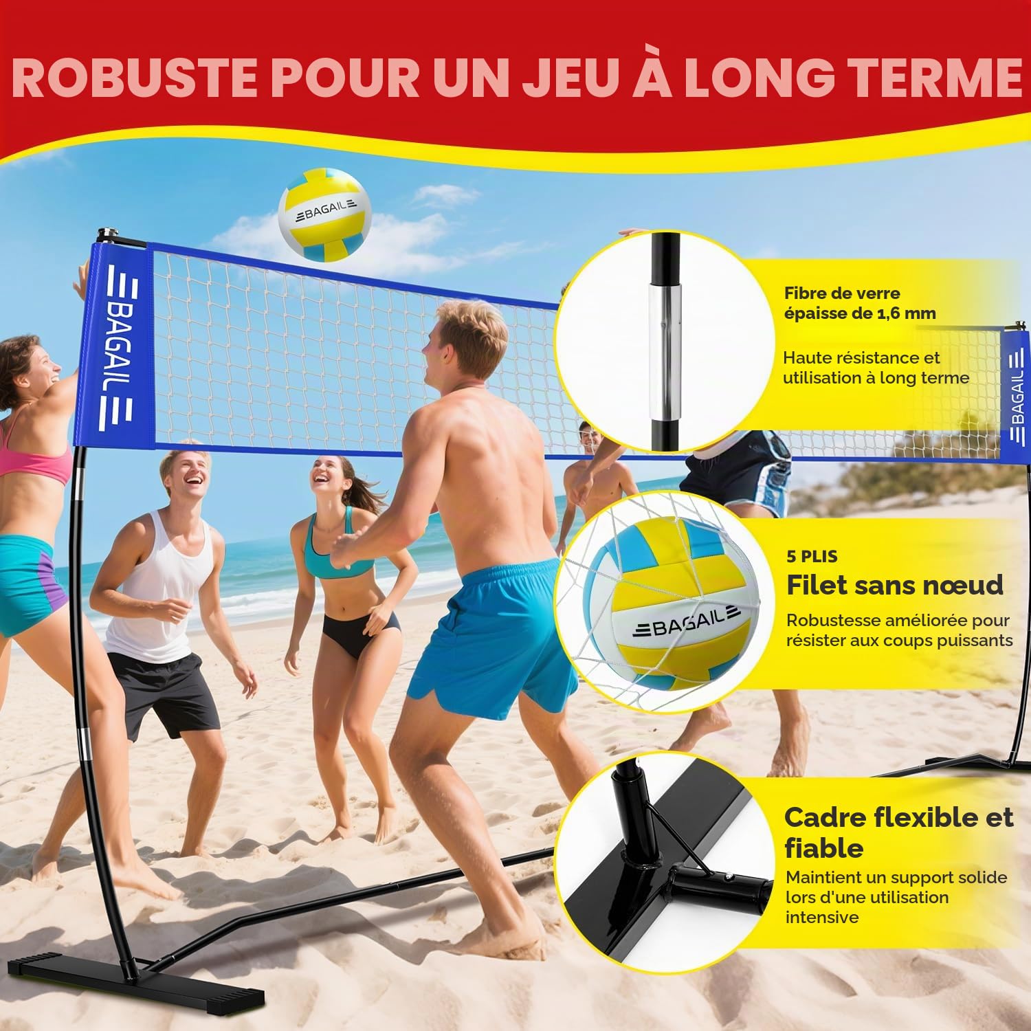 BAGAIL Filet de Volley-Ball, Portable pour Le Jardin | Hauteur Réglable, Cadre Robuste, Conception Autoportante - Set de Volley-ball, avec Sac de Transpor