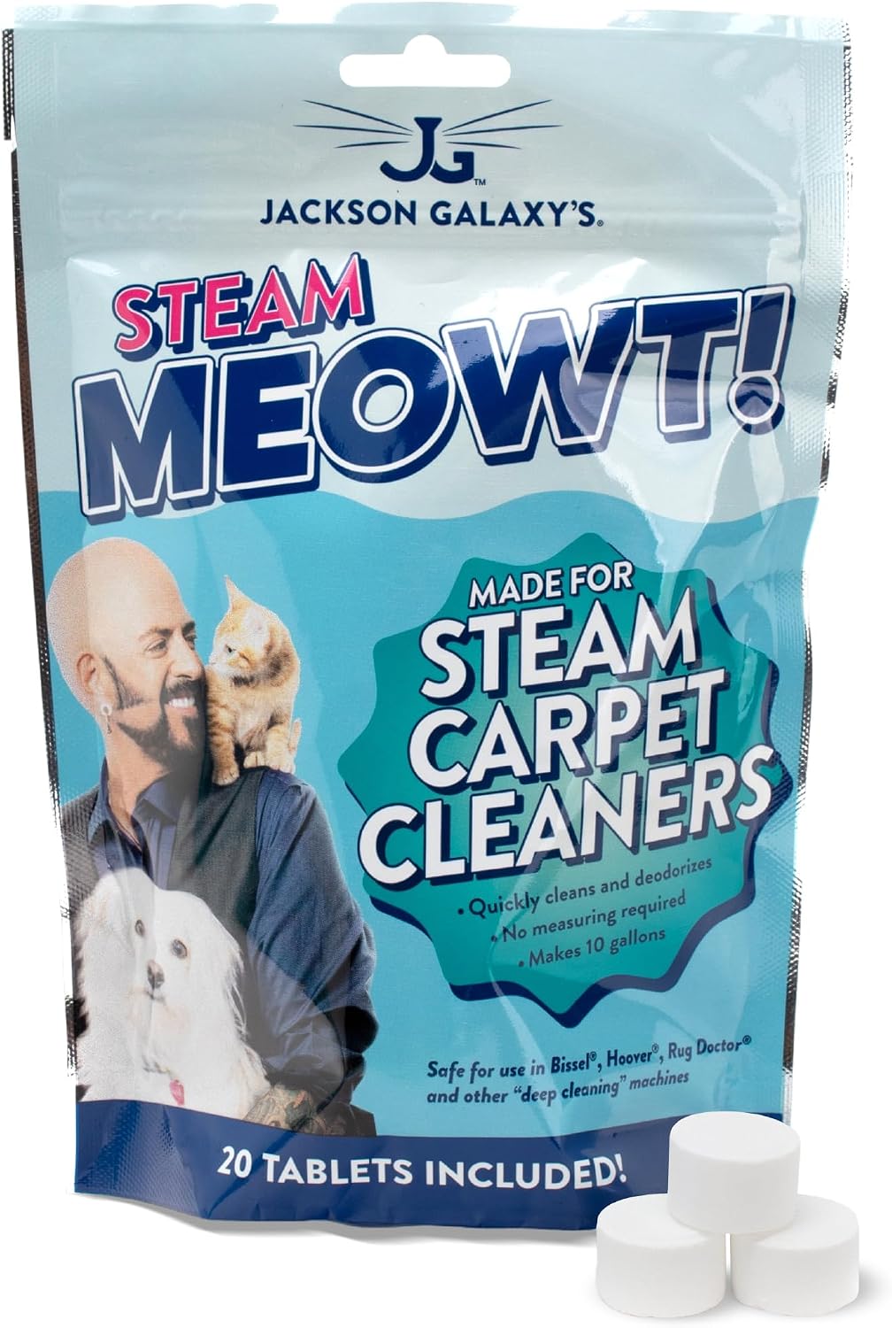 Jackson Galaxy Steam Meowt! Pet Carpet Cleaner Solution Tablets, 20 Pack | For Steam Cleaner Machines, No-Leak CO2 Formula Removes Cat & Dog Urine Stains & Odors from Carpet, Rugs & Upholstery
