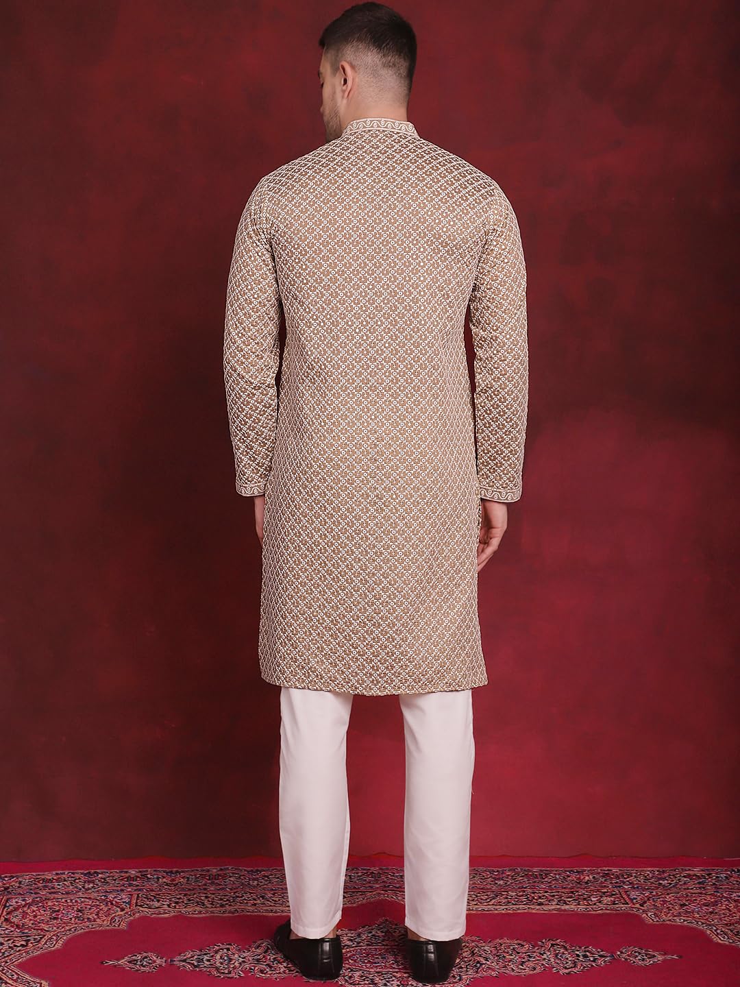 Jompers Men's Sequin Chikankari Front Open Kurta With Pyjamas (Beige, Xl)