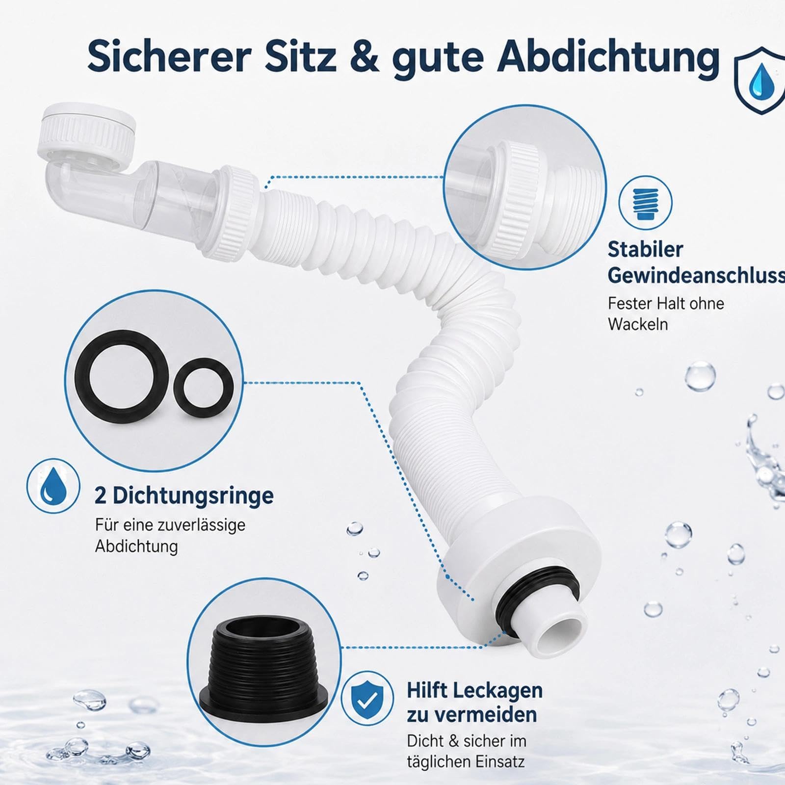 Sifón de ahorro de espacio, sifón de ahorro de espacio de 1/4 pulgadas, sifón flexible para baño, 360° más flexible y extensible, para fregadero de cocina, lavadora, baño