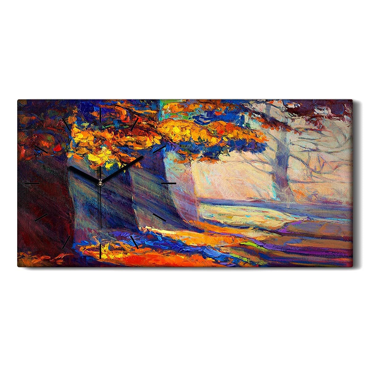 Horloge sur Toile Art Moderne Forêt d'Automne avec Mains Noires Épurées 60x30