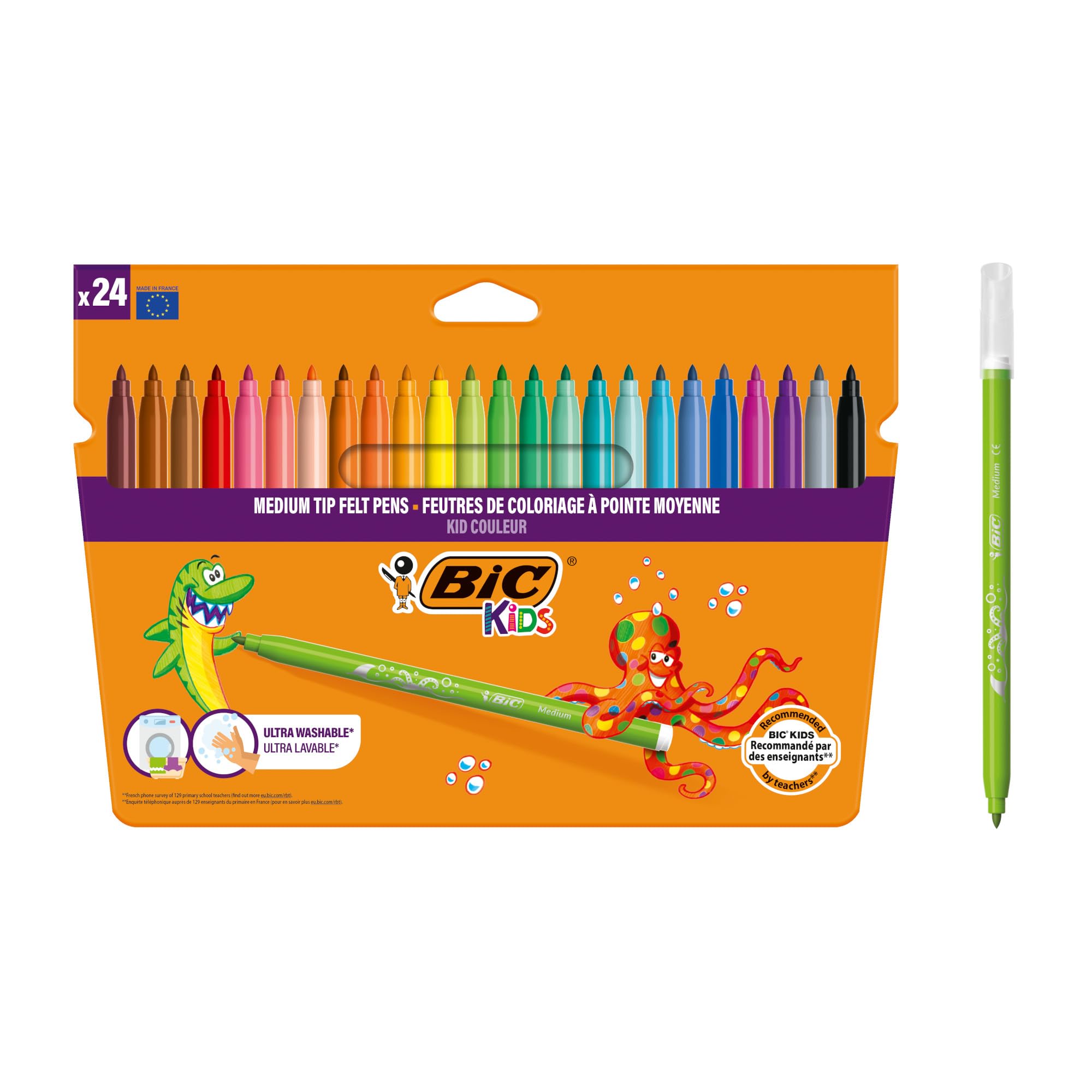 BIC Kids Felt Tip Pens, Kid Colour with Medium Blocked Tip, Vivid Colouring Pens, Washable Markers, Back to School Supplies, 24 Pack