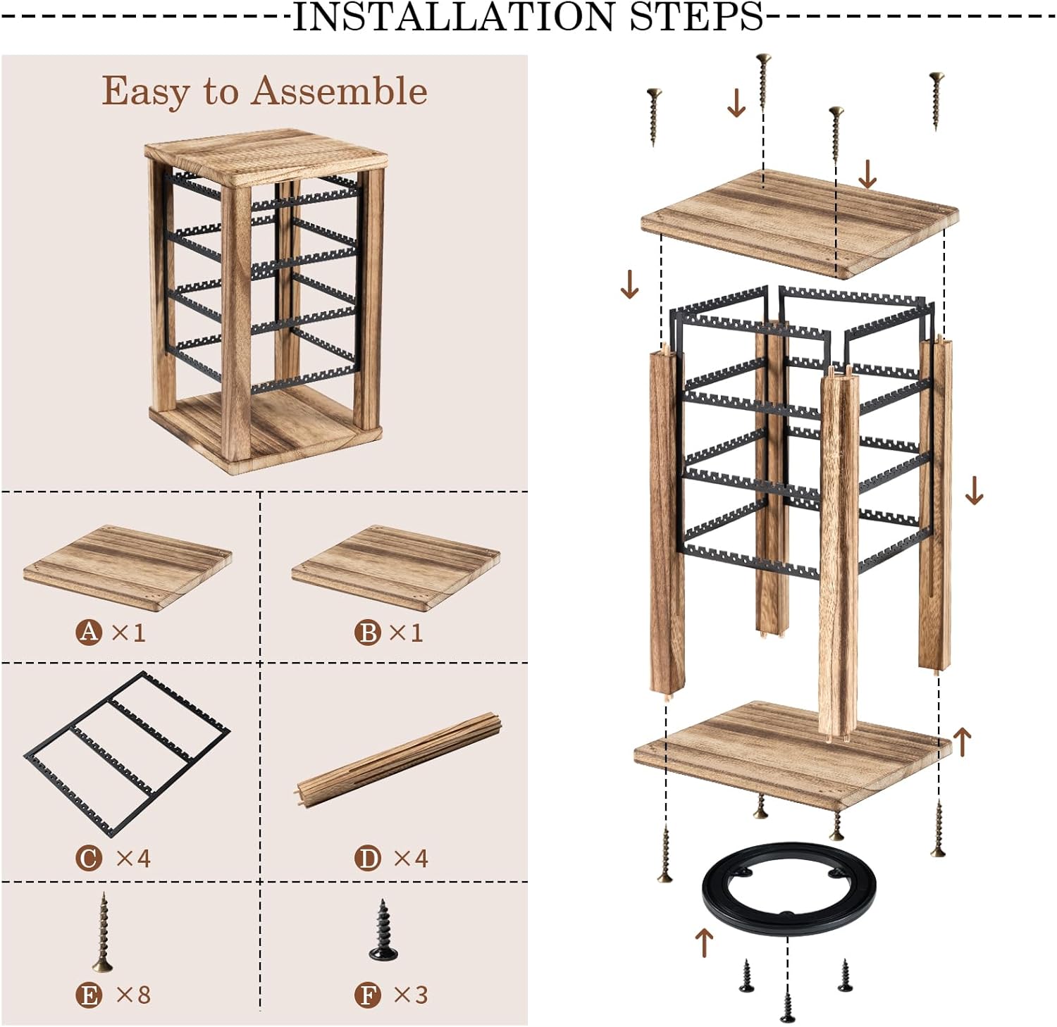 Emfogo 360 Earring Holder Organizer, Rustic Wood Earring Stand, Rotating Wooden Display, 4 Tiers Earring Organizer Stand for Stud Earrings, Hoop Earrings & Necklaces, Women Gifts - Image 7