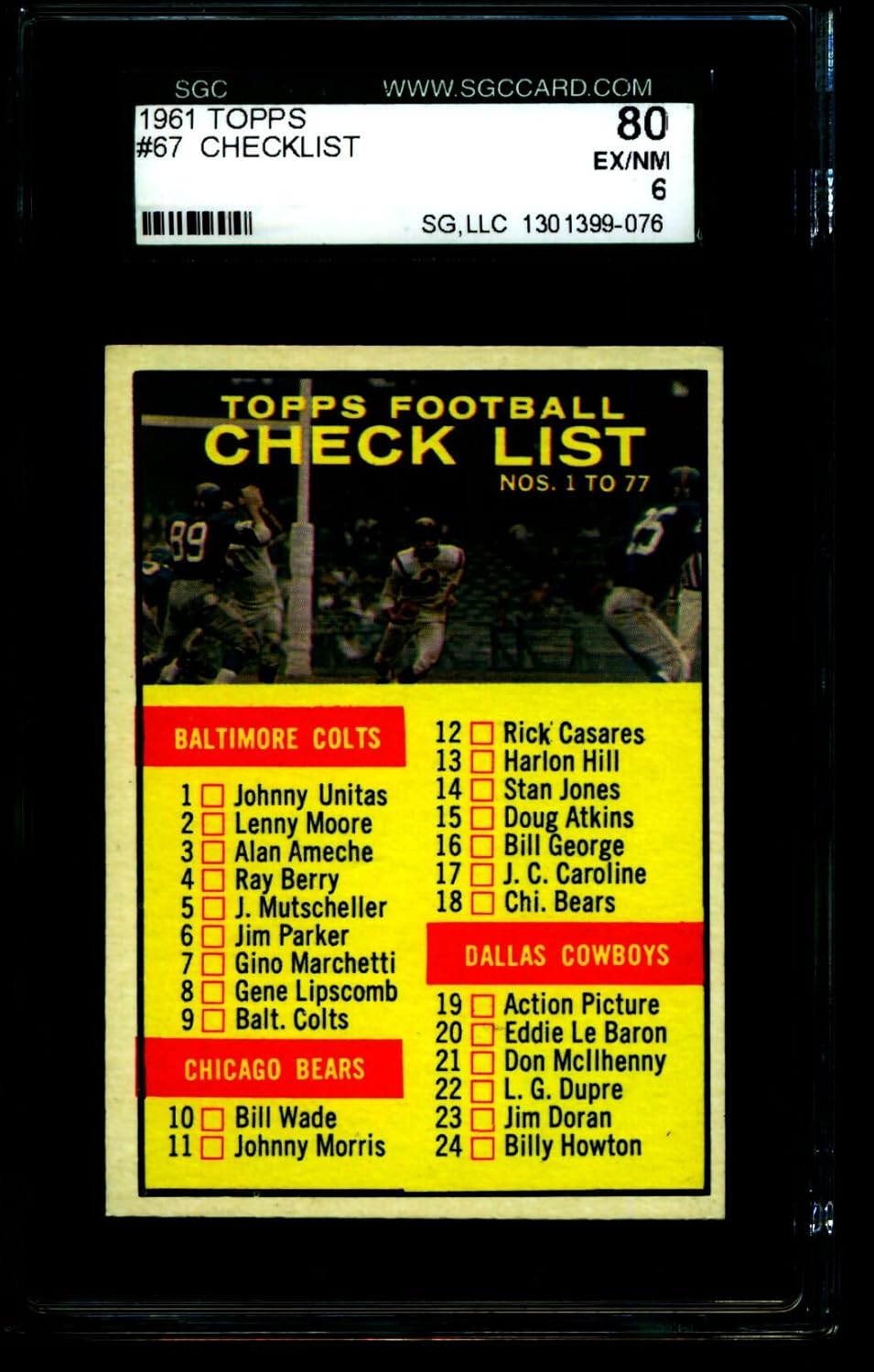 1961 TOPPS #67 FOOTBALL CHECKLIST SGC 80 = 6 9076