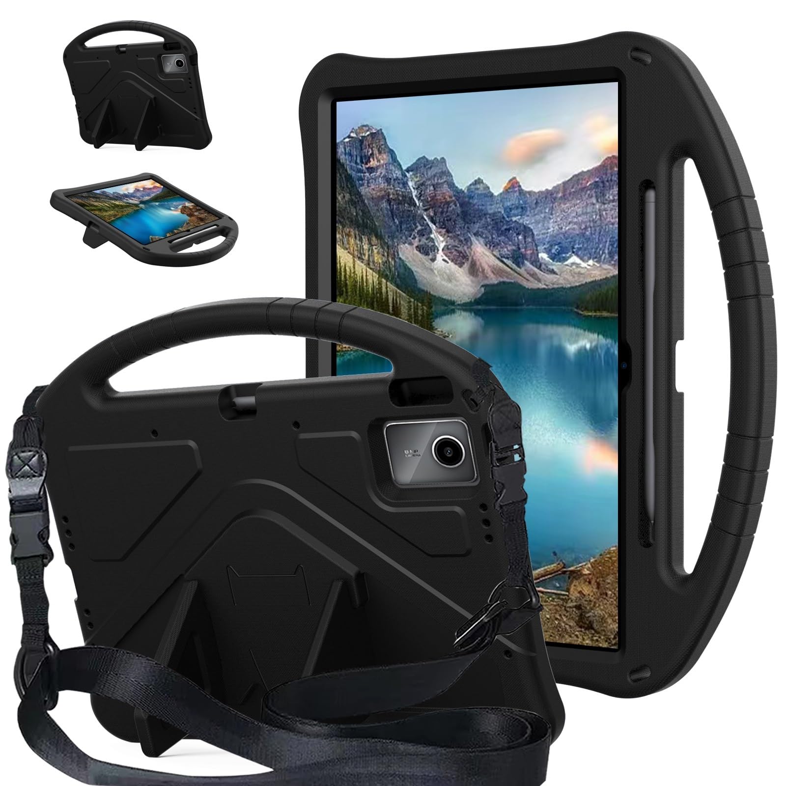 Compatible avec Lenovo Tab K12 12.1 (2025)/Idea Tab Plus TB361FU/TB361ZU 12.1 - Housse légère en EVA - Protection antichoc pour tablette avec support, bandoulière et poignée - Noir
