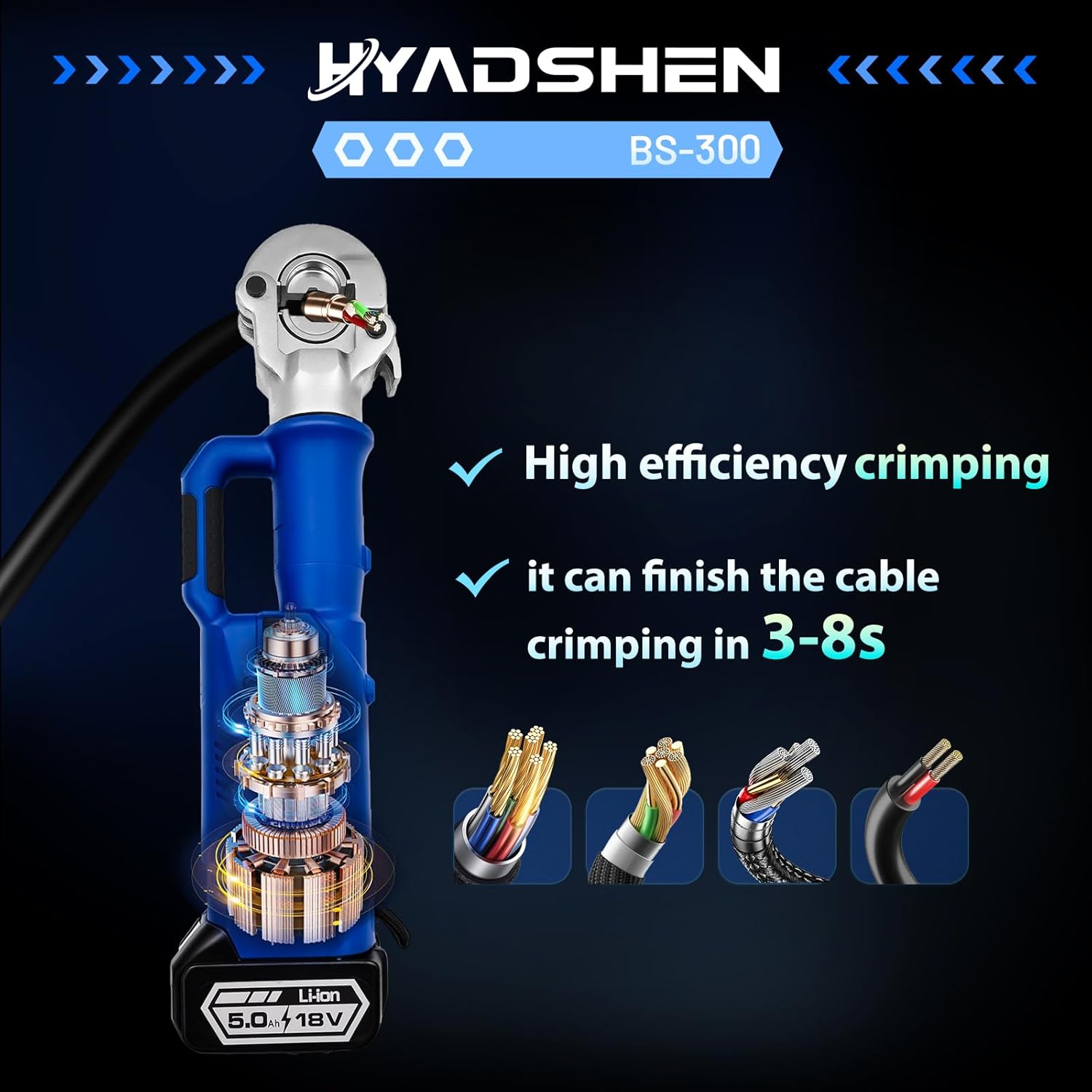 Electric Hydraulic Cable Lug Crimper Pliers,Rechargeable Crimping Tool,Straight-handled electric hydraulic pliers,6 Ton Electrical Terminal Cable Wire Fiber Crimper Kit with 11 Dies, 6 AWG to 600 MCM