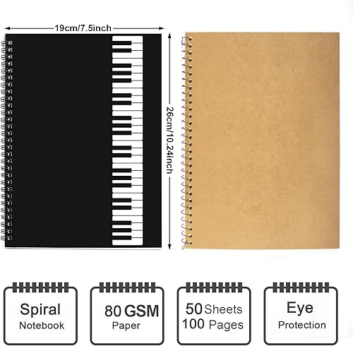 Miniatura 2 de Cuaderno con hojas en blanco para música, composición, manuscrito, con diseño de teclado de piano, 50 hojas, 26 x 19 cm., negro (Black Piano)