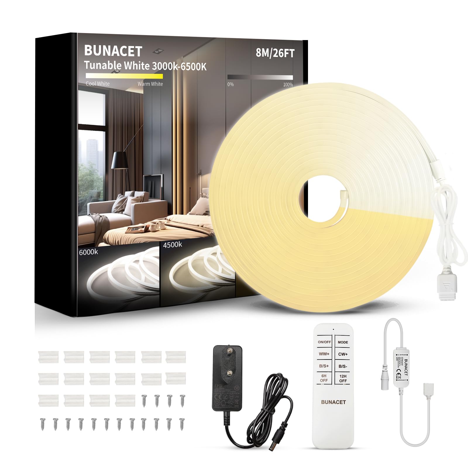 Tira LED Neon 8M Blanca Cálida 3000K-6500K Blanca Frío Tira Luz LED Regulable Superbrillante con Mando Distancia y Fuente Alimentación Luces de Cinta LED Flexible para Cocina, Dormitorio