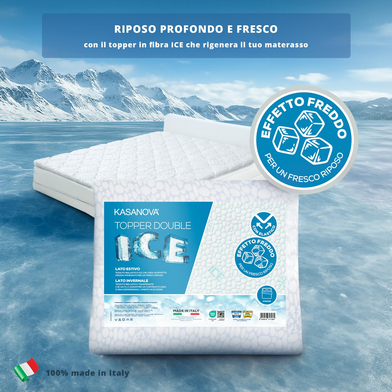 KASANOVA Topper Matrimoniale Fibra Ice Effetto rinfrescante