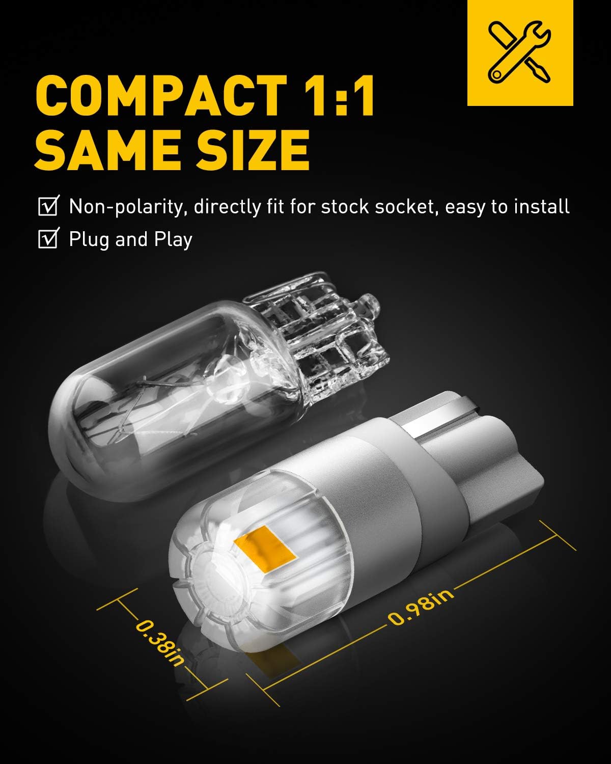AUXITO 194 LED Bulbs Amber Yellow, Super Bright Unique 1:1 Design, 168 175 2825 W5W T10 Car Bulbs for Dome Map Door Courtesy License Plate Lights Parking Side Marker Tail Lights (Pack of 2)