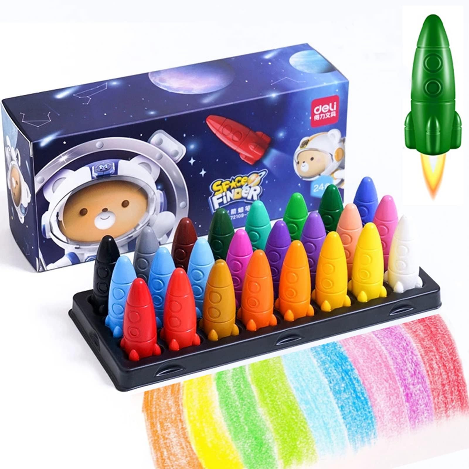 MAKINGTEC Multicolor Space Rocket Crayon, Non-Toxic Crayons for kids, Easy To Grip Washable Kids Crayons, Safe Colouring Art school Supplies Gift Set For Babies And Children (24)