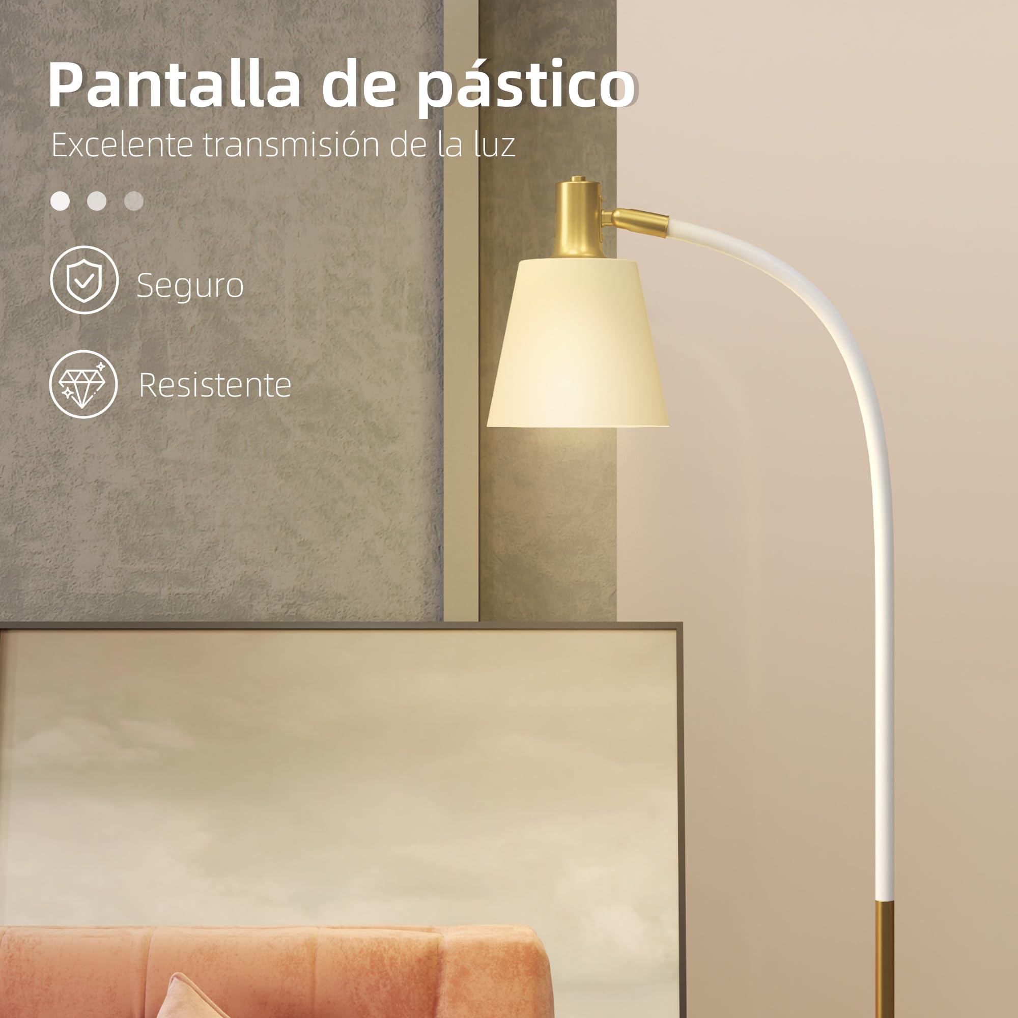 HOMCOM Lámpara de Pie LED con Altura Ajustable Pantalla Blanco y Dorado | Lámpara de Pie Salón, Interruptor Basculante, para Sala de Estar Oficina Dormitorio