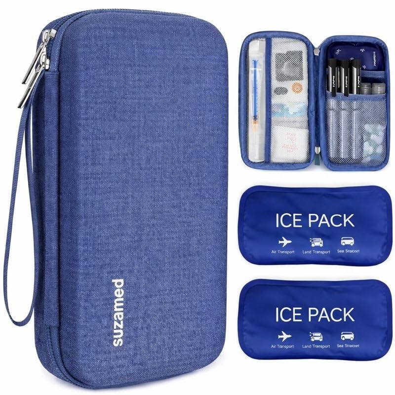Image of suzamed Insulin Cooler Travel Case with 2 Ice Packs - EVA Insulated Medicine Organizer for Diabetes Care, TSA Approved Insulin Pen & Medication Carrying Case (Blue)