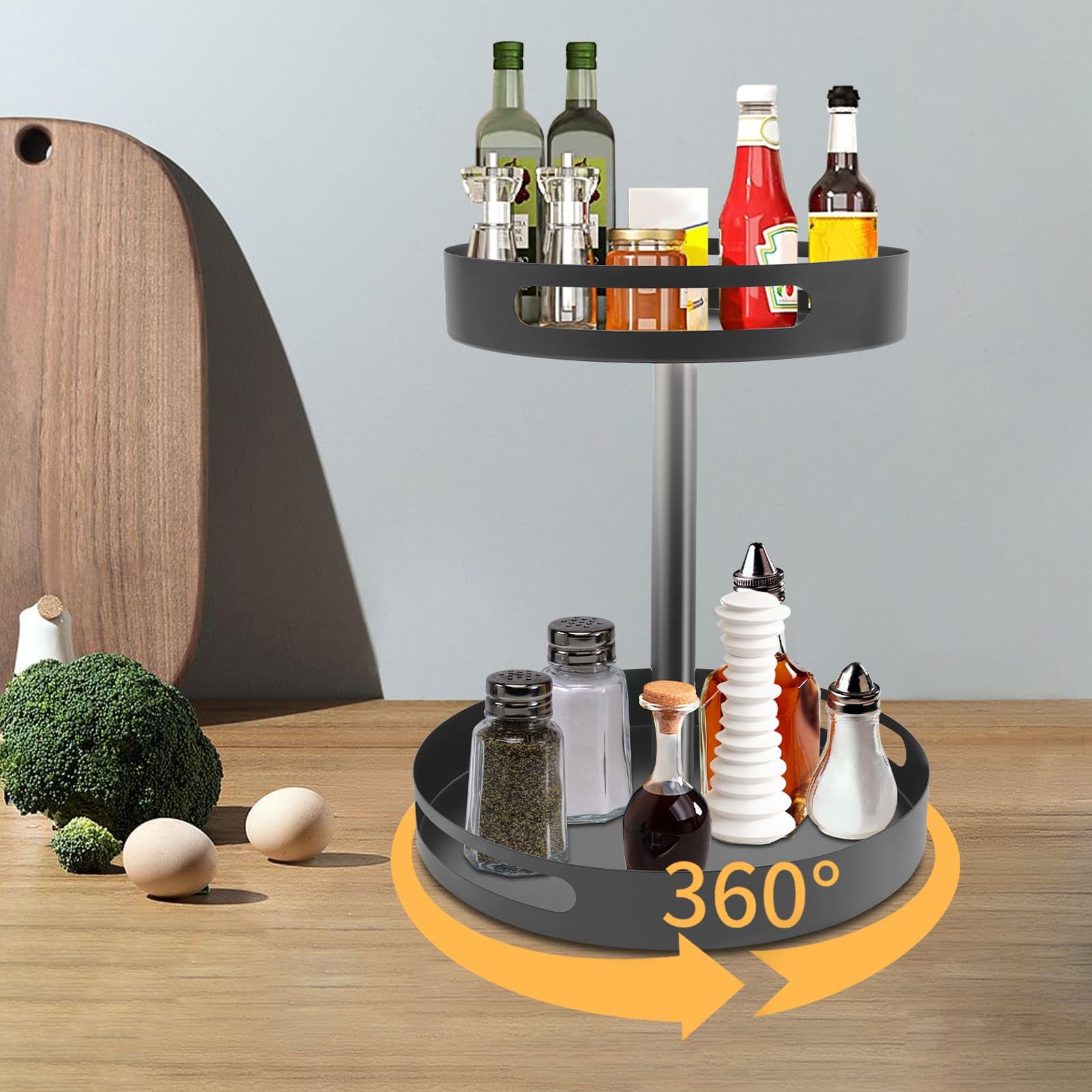 Étagère à Épices 2 Niveaux Rotative à 360°, Organisateur de Cuisine en Acier au Carbone, 30,5 x 35cm, pour Bouteilles d'assaisonnement (Noir)