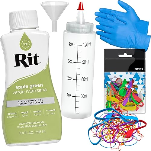 Rit Dye - Tinte líquido verde manzana multiusos (8 onzas), kit de teñido anudado Pixiss y juego de accesorios con bandas de goma, guantes, embudo y
