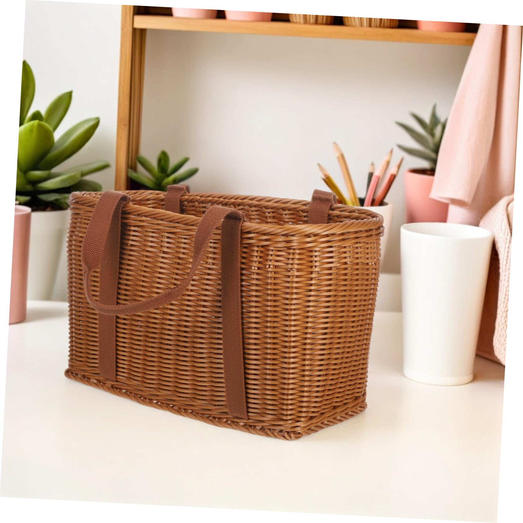 HANABASS Handgewebter Rechteckiger Einkaufskorb mit Ergonomischem Griff Leichter Mehrzweckkorb aus Kunststoff und Stoff Großer Obst Gemüsekorb für Picknick Strand Blumenarrangements und
