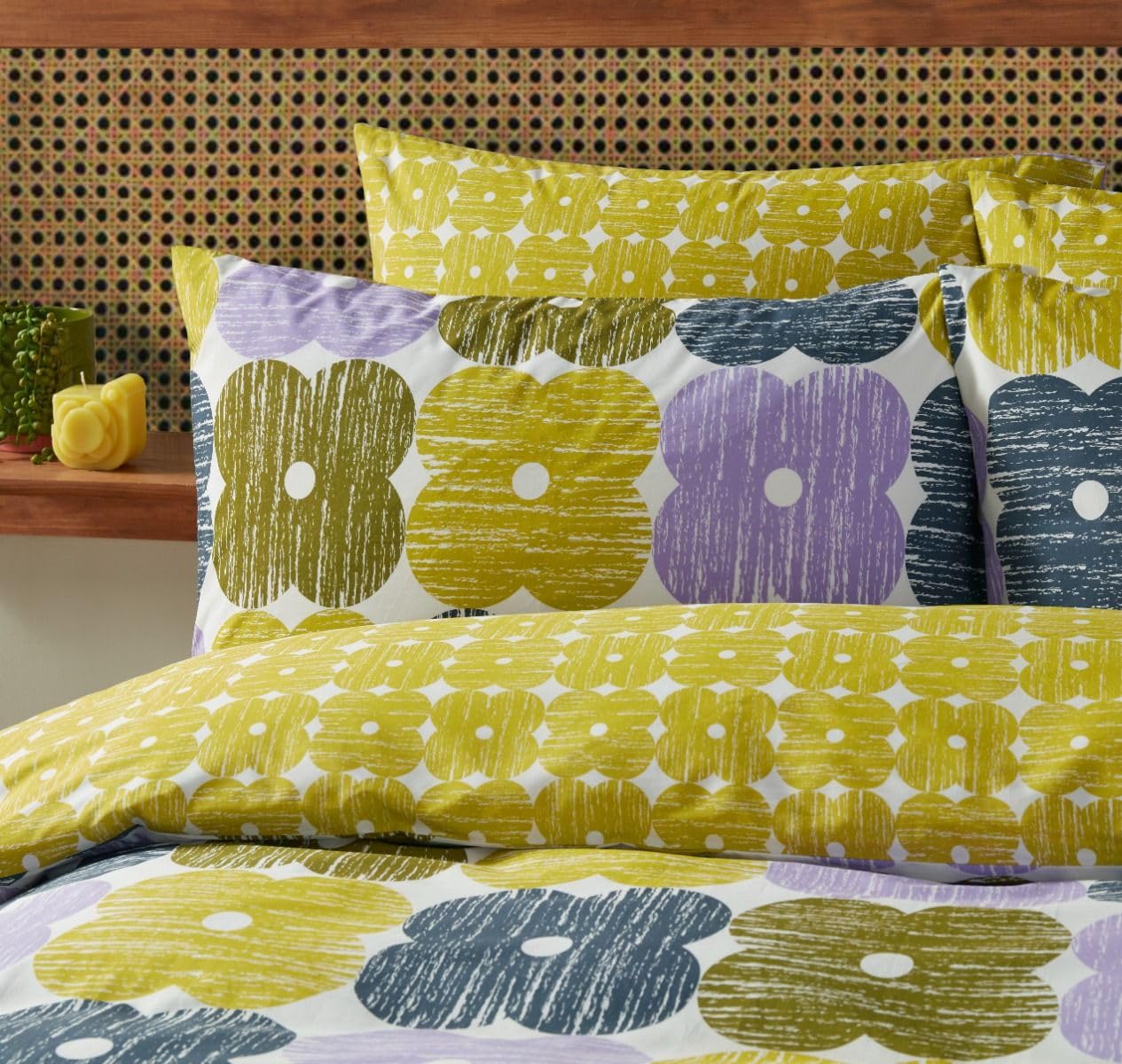 Orla Kiely Bedding - Textured Flower 100% Cotton Duvet Cover Set - Lilac/Moss (Single (137Cm X 200Cm))