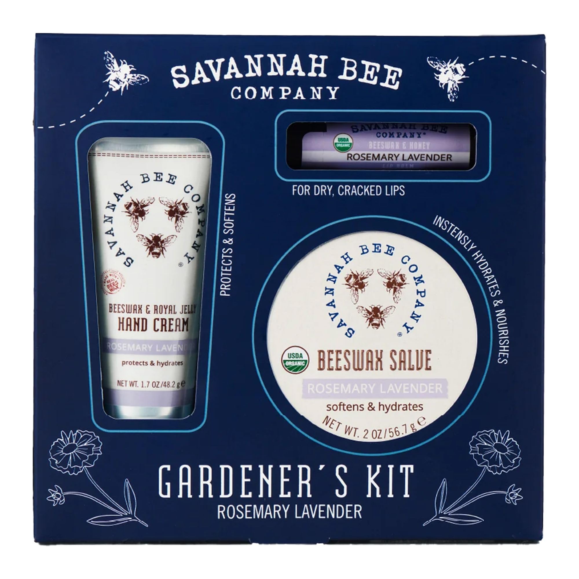 Savannah Bee Company Gardener's Kit - Hand Cream, Lip Balm and Beeswax Salve Kit - Rosemary Lavender