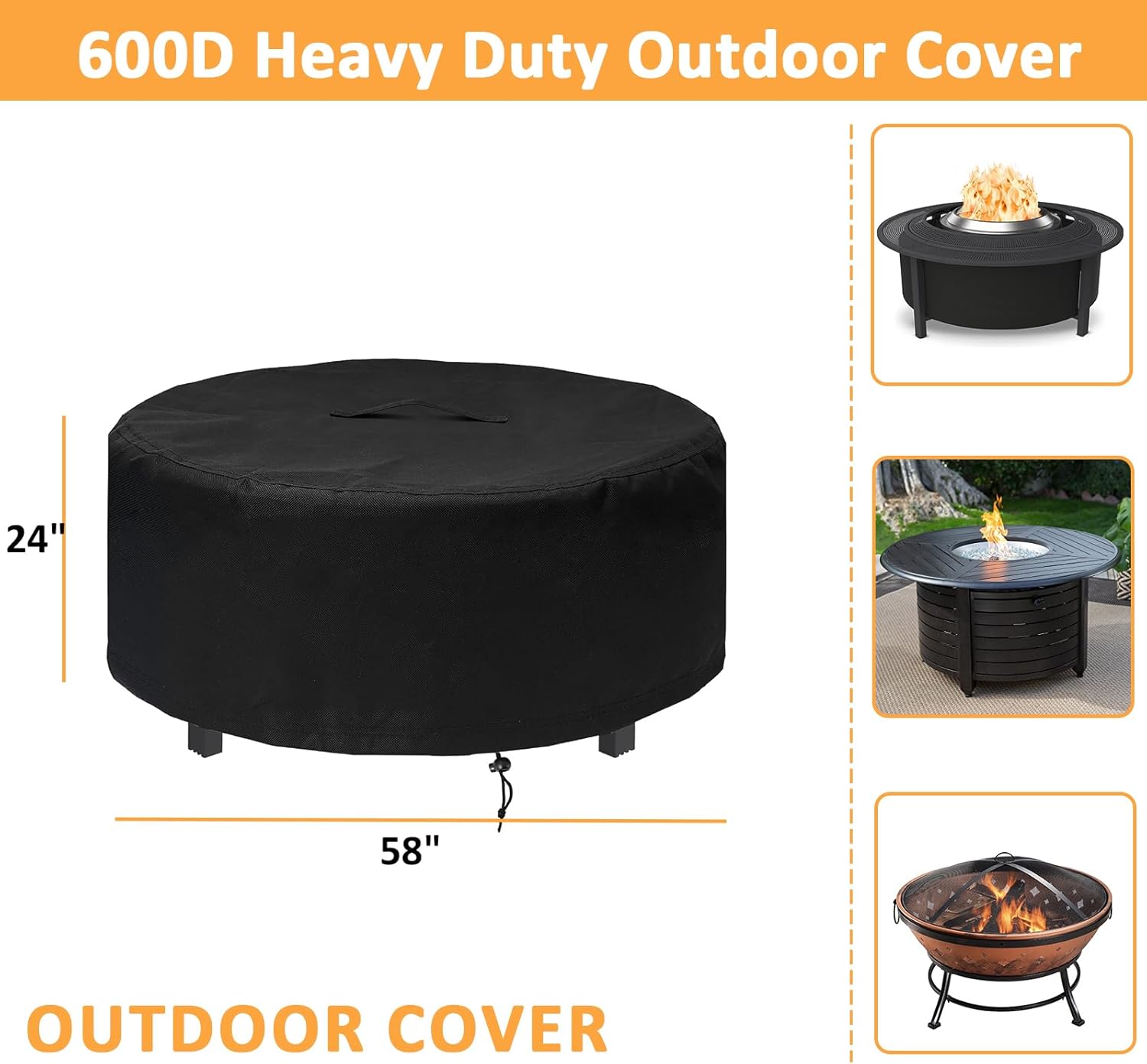 Round Fire Pit Cover 58 x 24 Inch, 600D Heavy Duty Taped Seam Waterproof Patio Friepit Cover, for Solo Yukon Fire Table, Windproof Drawstring, Fade & Weather Resistant Cover