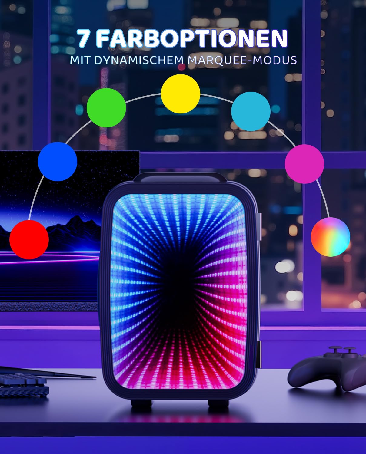 LIGIANT MF01C Mini Kühlschrank mit 7 Lichtmodi & Blinkendem Marquee-Effekt, Leise Kühl-/Warmfunktion, AC/DC, 4L/6 Dosen, Für Gaming-Zimmer, Schlafzimmer, Büro & Auto