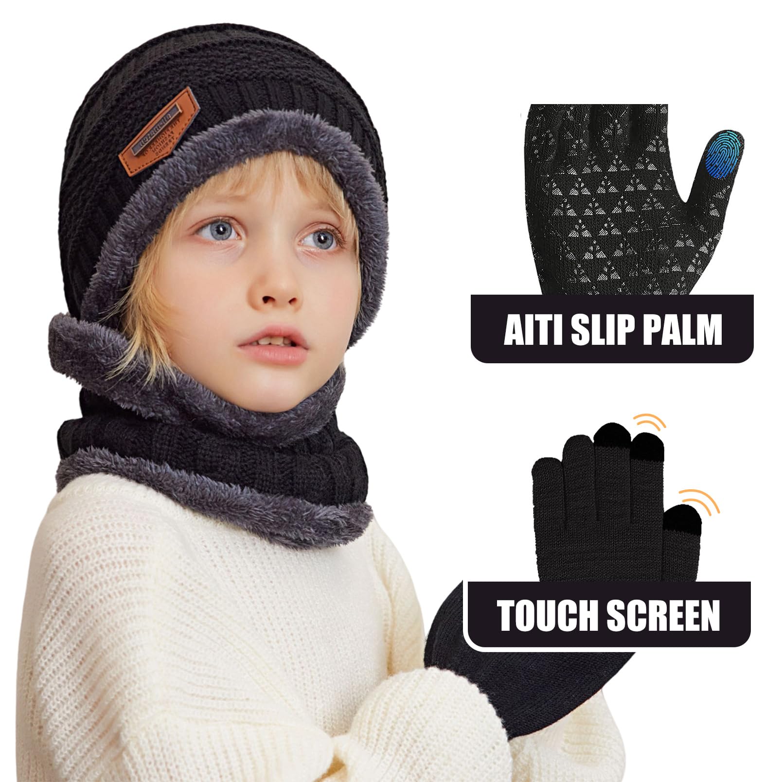 Packs Bonnet Écharpe et Gants Garçon Fille Enfant Bonnet Tricoté Doublé en Polaire Tour de Cou Gants d'hiver à Écran Tactile 5-10 Ans