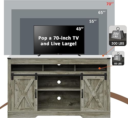 Miniatura 6 de Soporte de TV para TV de más de 65 pulgadas, centro de entretenimiento con puertas corredizas de granero, estantes ajustables de 3 alturas, soporte