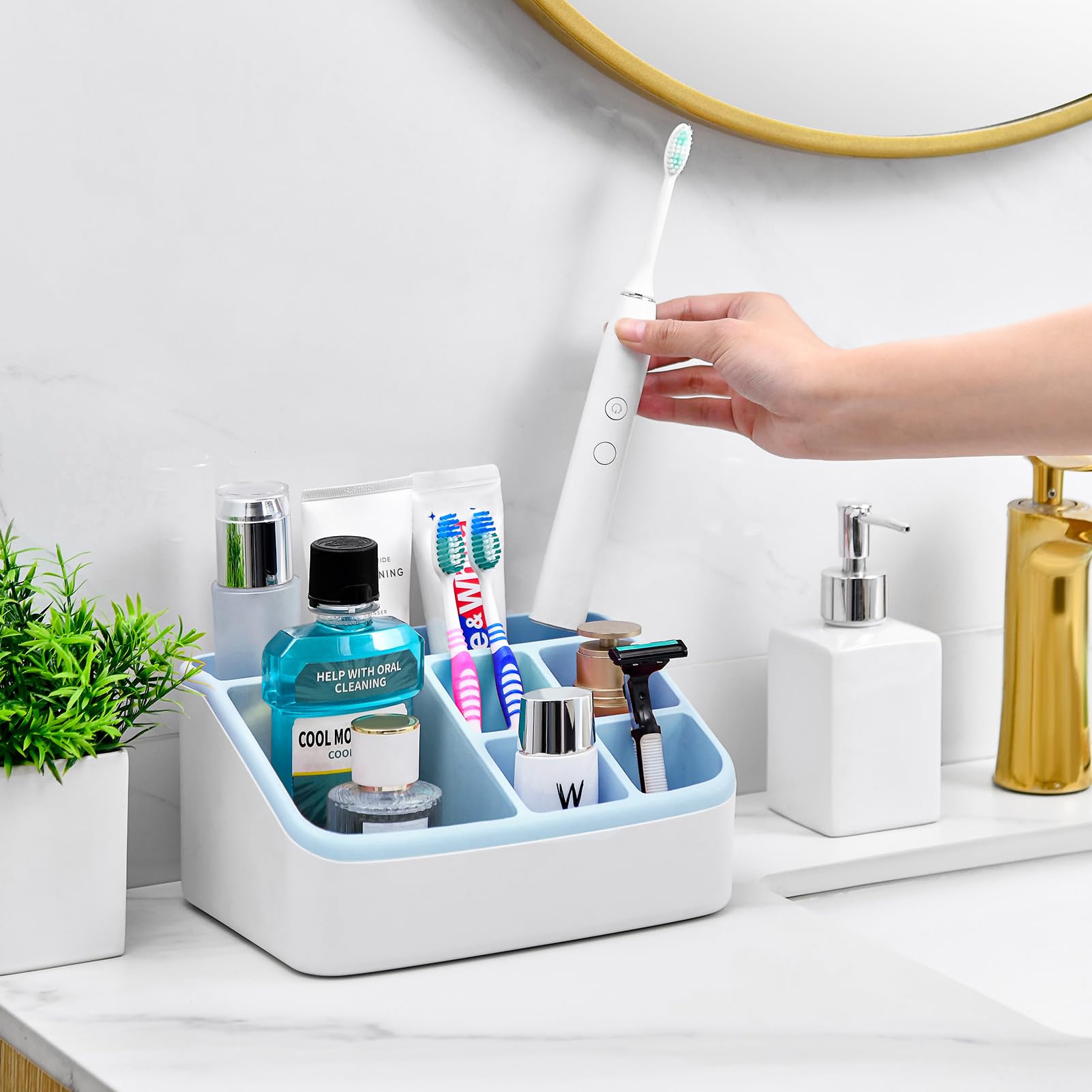 VITVITI Toothbrush Holders for Bathrooms, 6 Slots Toothpaste Bathroom Counter Organizer for Kids, Plastic Bathroom Organizer for Countertop/Sink/Vanity/Makeup/Office(Blue)