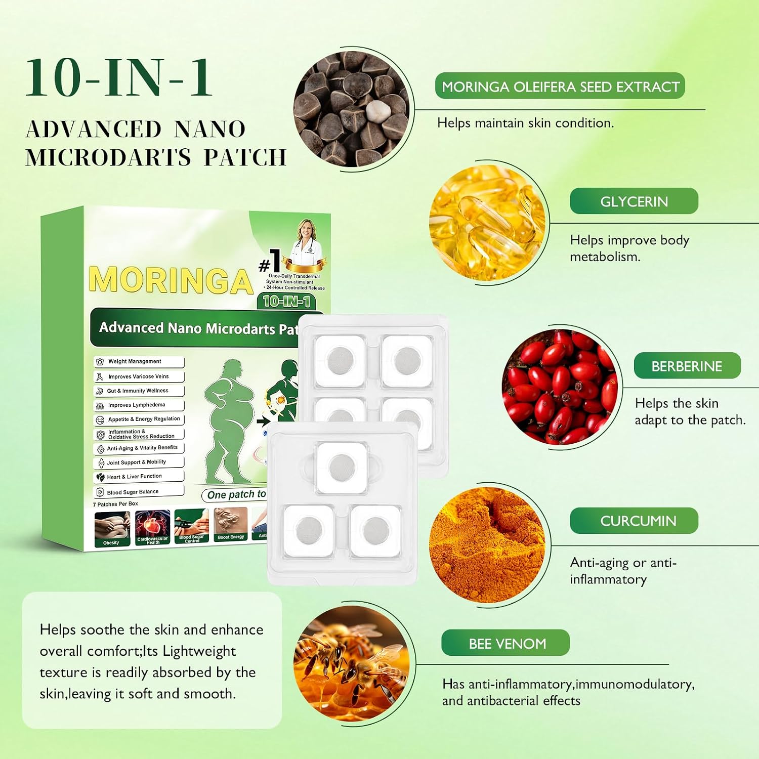Moringa Patches, 10-in-1 Nano Microdarts Patch, Natural Formula, Ultra Thin Design for Women and Men Suitable for All Skin(3 Boxes)