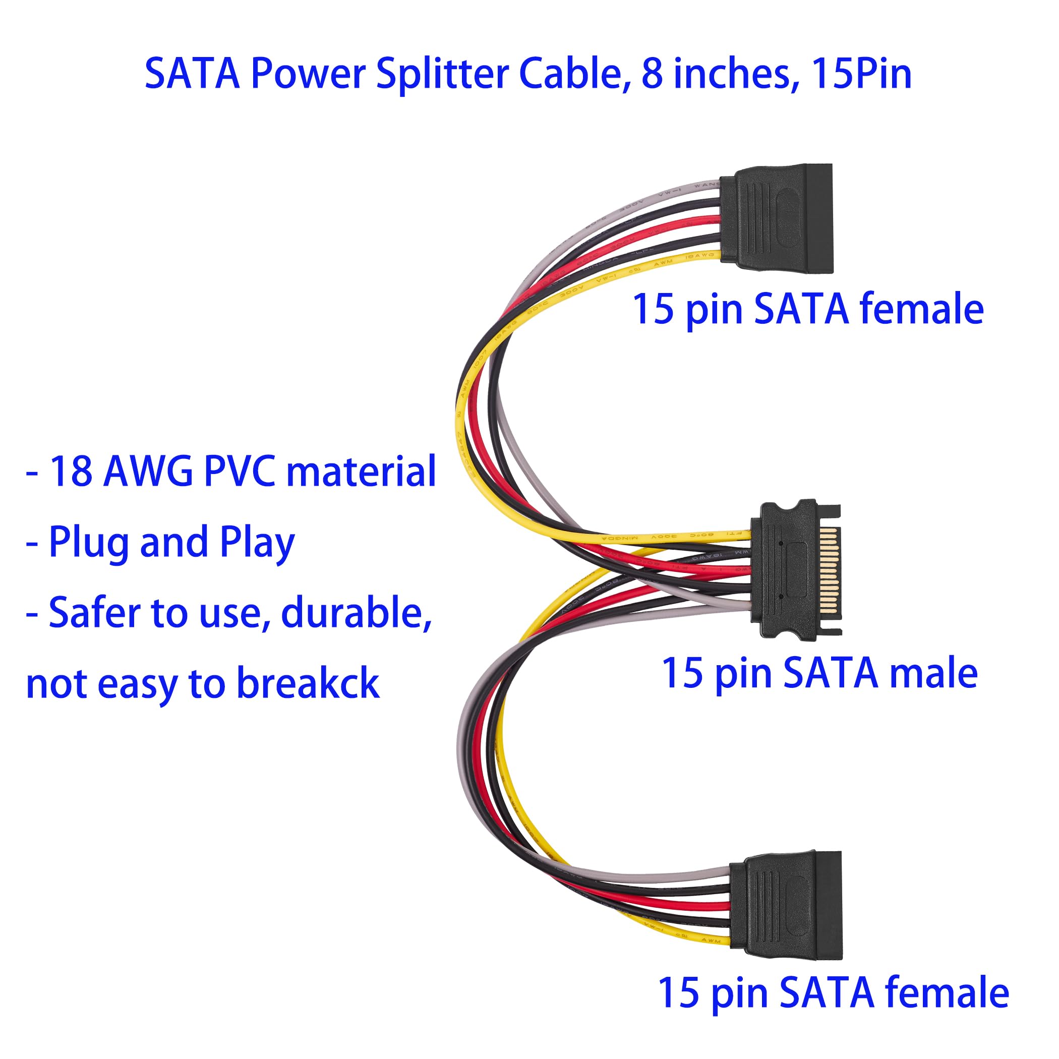 Cavo sdoppiatore di alimentazione SATA a 2 vie, 20,3 cm, confezione da 3, cavo splitter a Y da 15 pin, alimentatore per HDD Serial ATA, SSD, unità ottiche, masterizzatori DVD e schede PCI