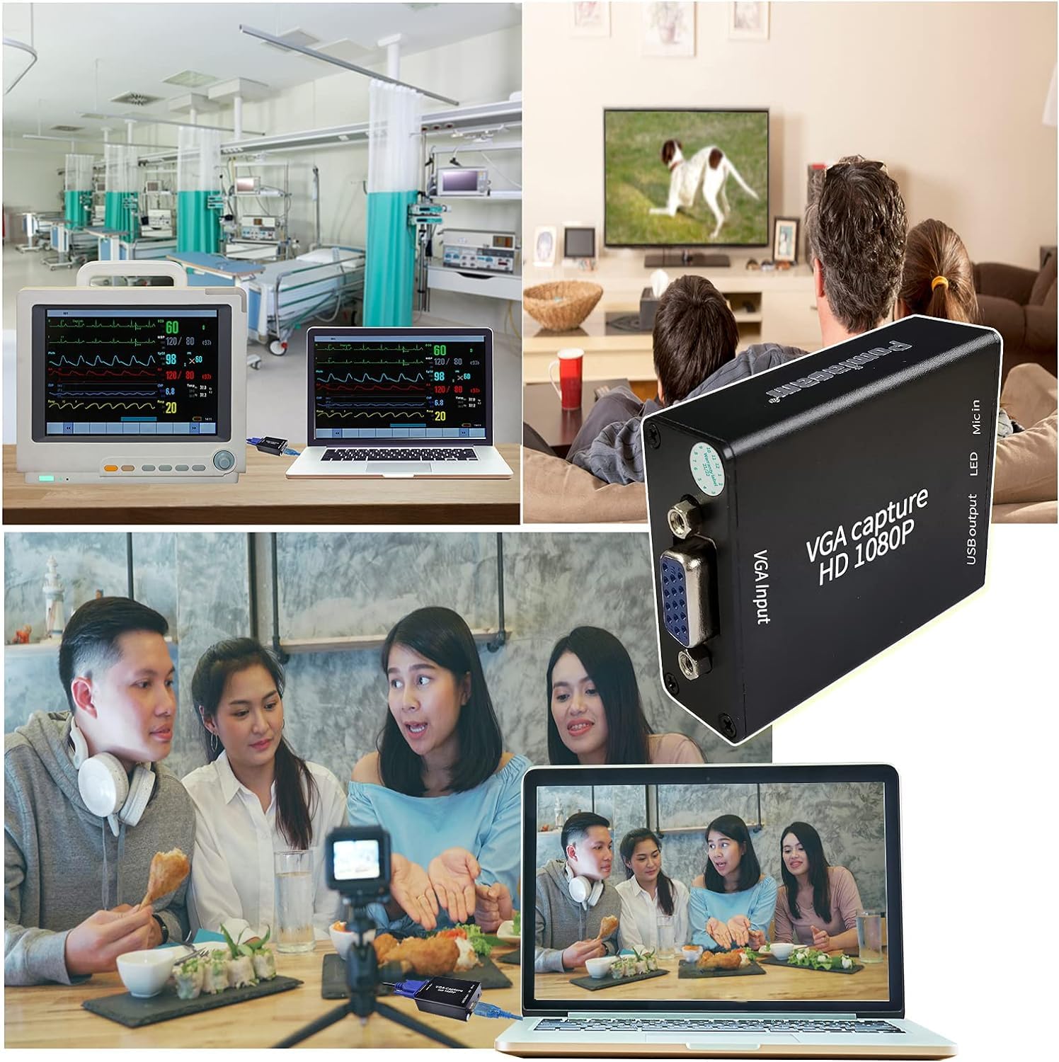 Collage of various application scenarios for the VGA Capture Card, including medical monitoring, home entertainment, and video conferencing/live streaming.