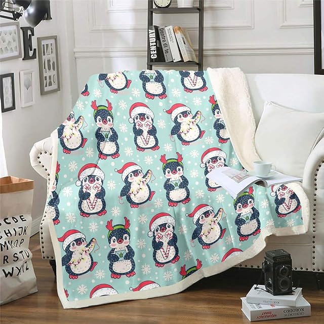 Cartoon Penguin Fleece Throw Blanket Christmas Funny Animal Printed Plush Blanket for Sofa Bed Cute Polar Animal Sherpa Blanket Xmas Snowflake Polka Dots Fuzzy Blanket Room Decor Baby 30"x40"