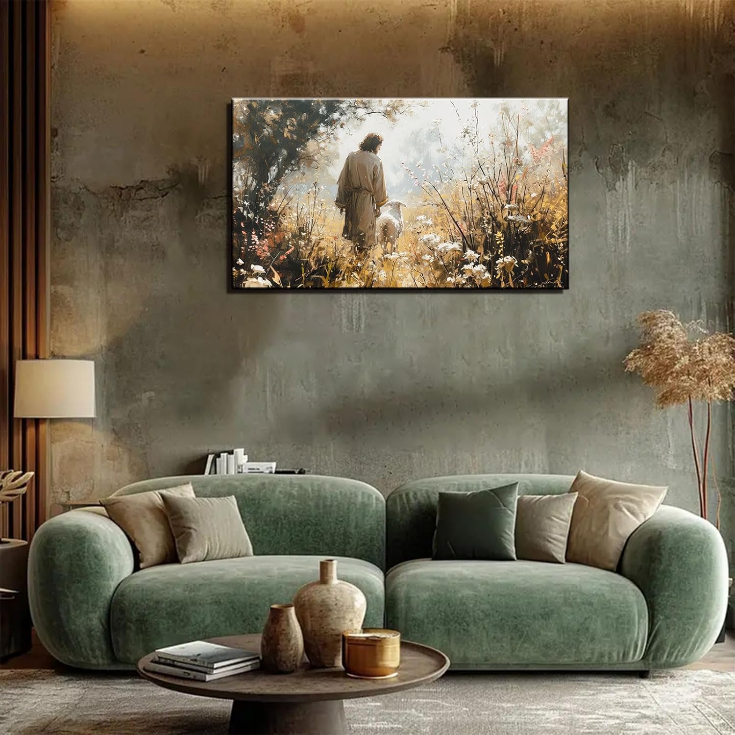 1Pcs Vintage Framed Jesus Lamb Paintings Canvas Wall Art Shepherd Flock Paintings Christian Wall Decor Modern Pictures Religious Art Print for Living Room Bedroom Decoration24x36in