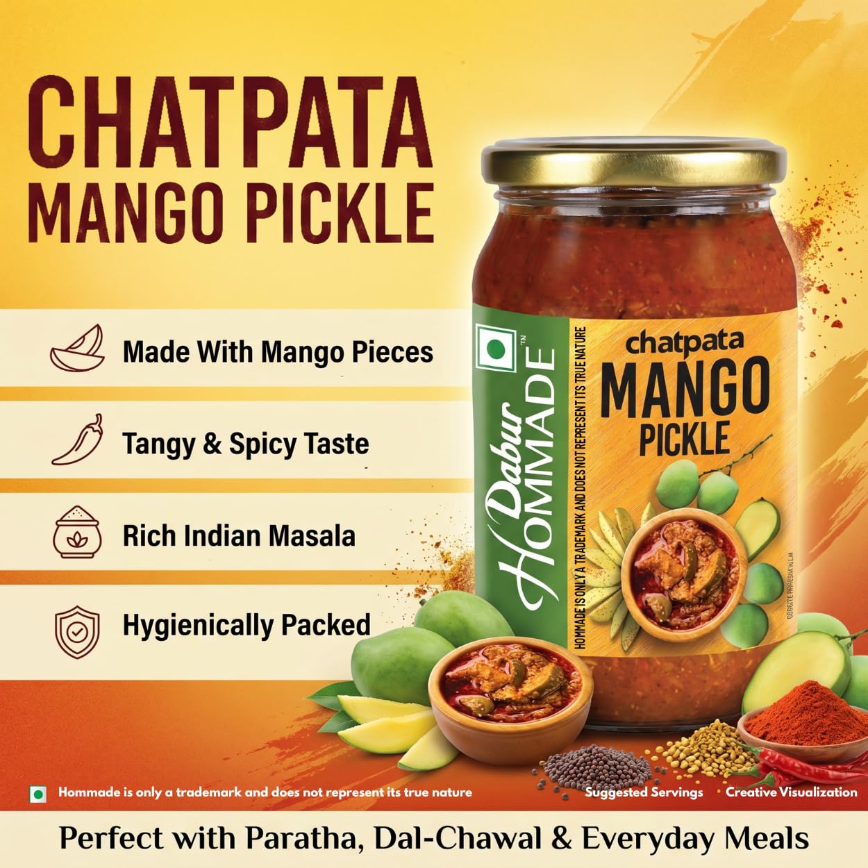 Dabur Hommade Mango Pickle: Aam Ka Achar in Mustard Oil | Spicy & Tangy Taste | North Indian Style | Ready-to-Eat | 400g 1