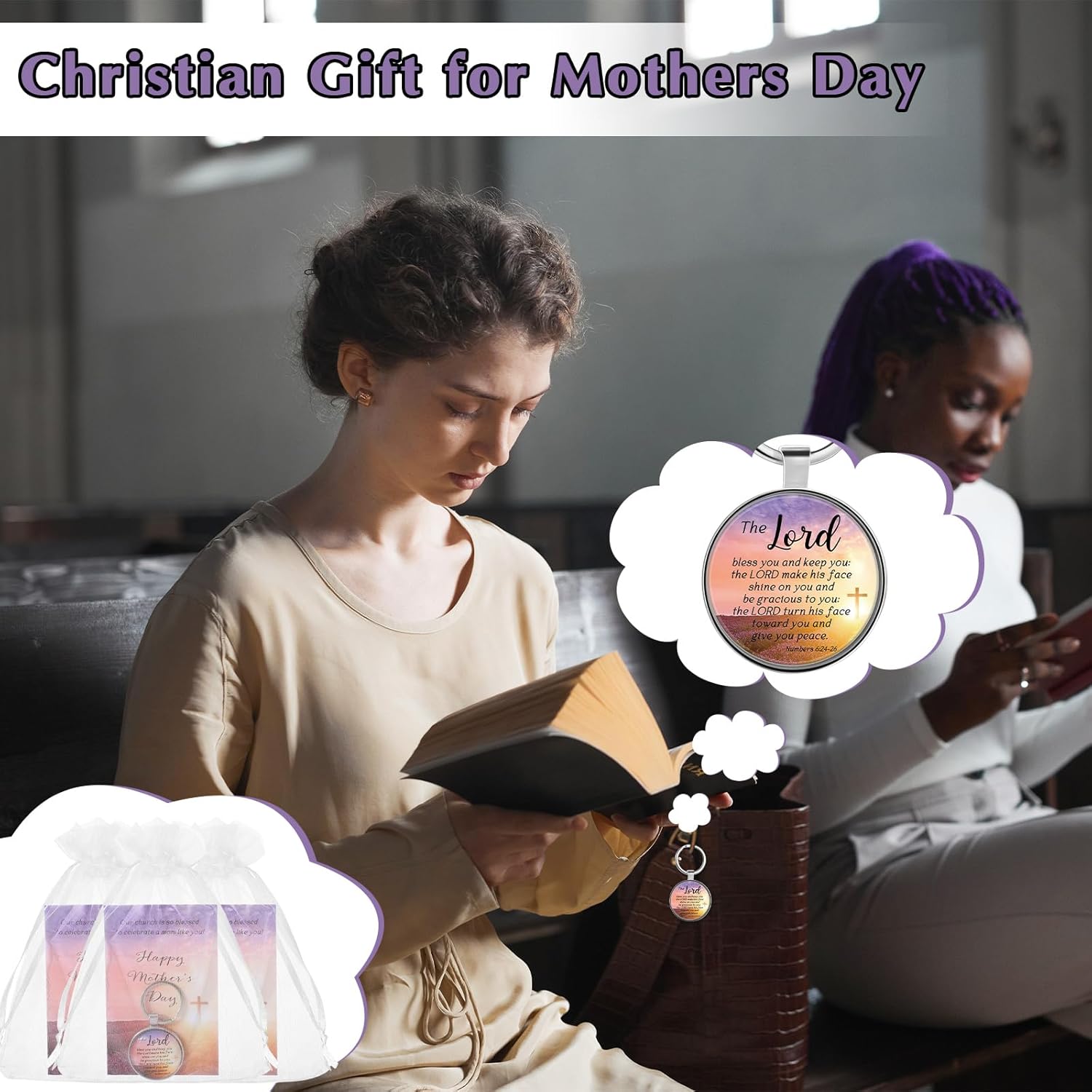 Church Mother's Day Gifts Bulk for Women Keychains with Happy Mother's Day Cards Bags Mom Christian Party Favors