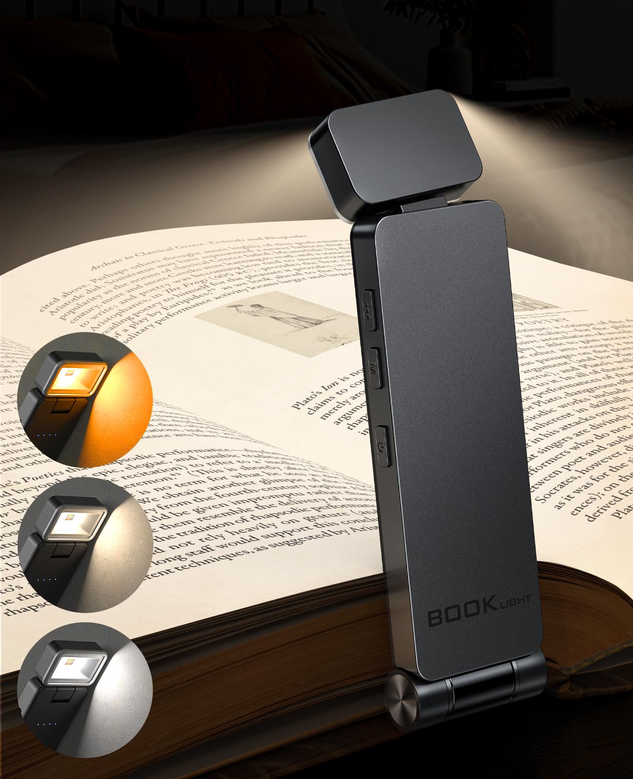 Luz de Lectura, Lampara de Lectura con Pinzas, LED Luz Lectura USB Recargable, 3 Colores y 3 Brillos Continuamente Ajustables, Luz Anti-Azul, Regalo para Niños y Amantes de la Lectura