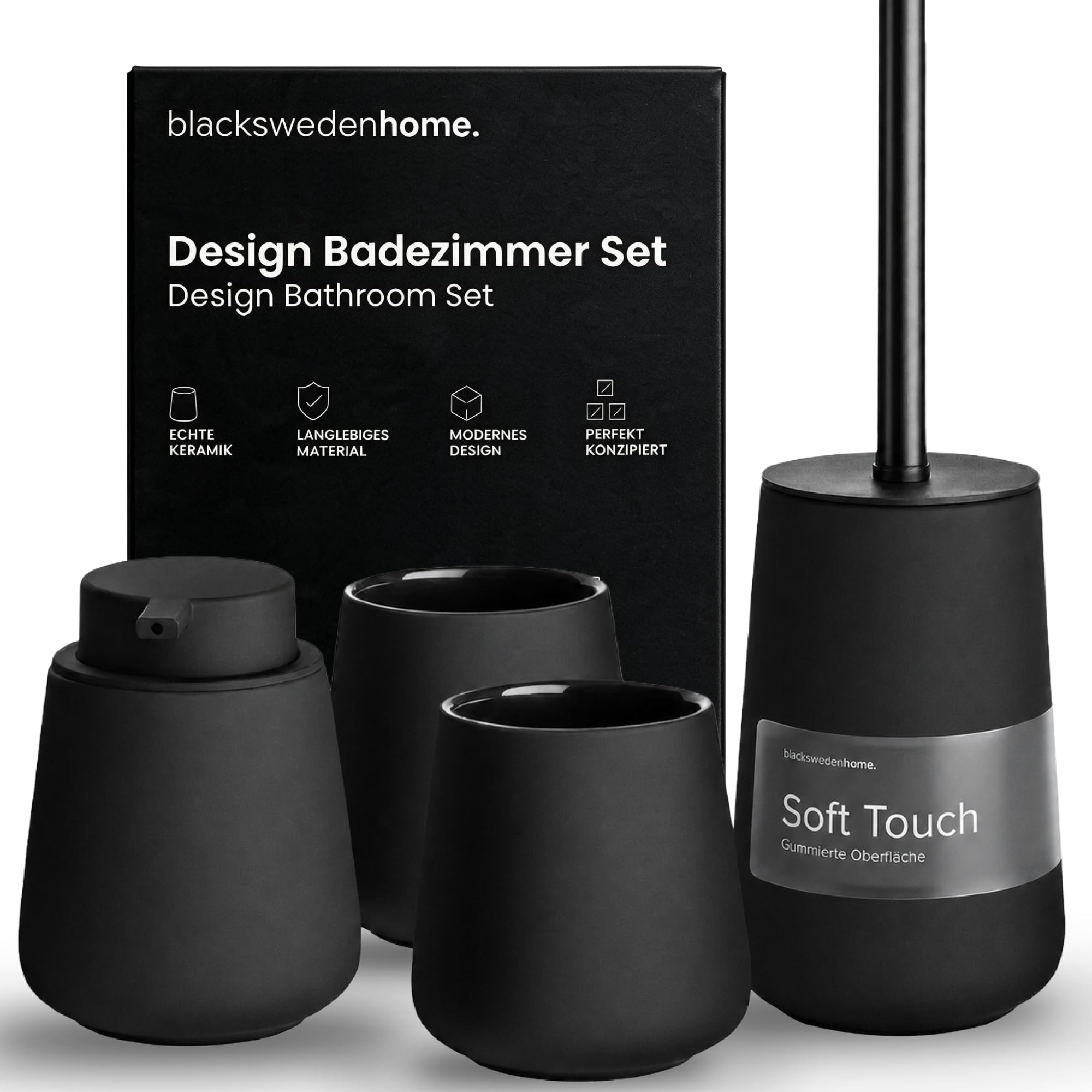 blackswedenhome. Badezimmer Set Schwarz - Hochwertiges Keramik Set - Seifenspender schwarzs, Zahnputzbecher, Toilettenbürste mit Silikonborsten