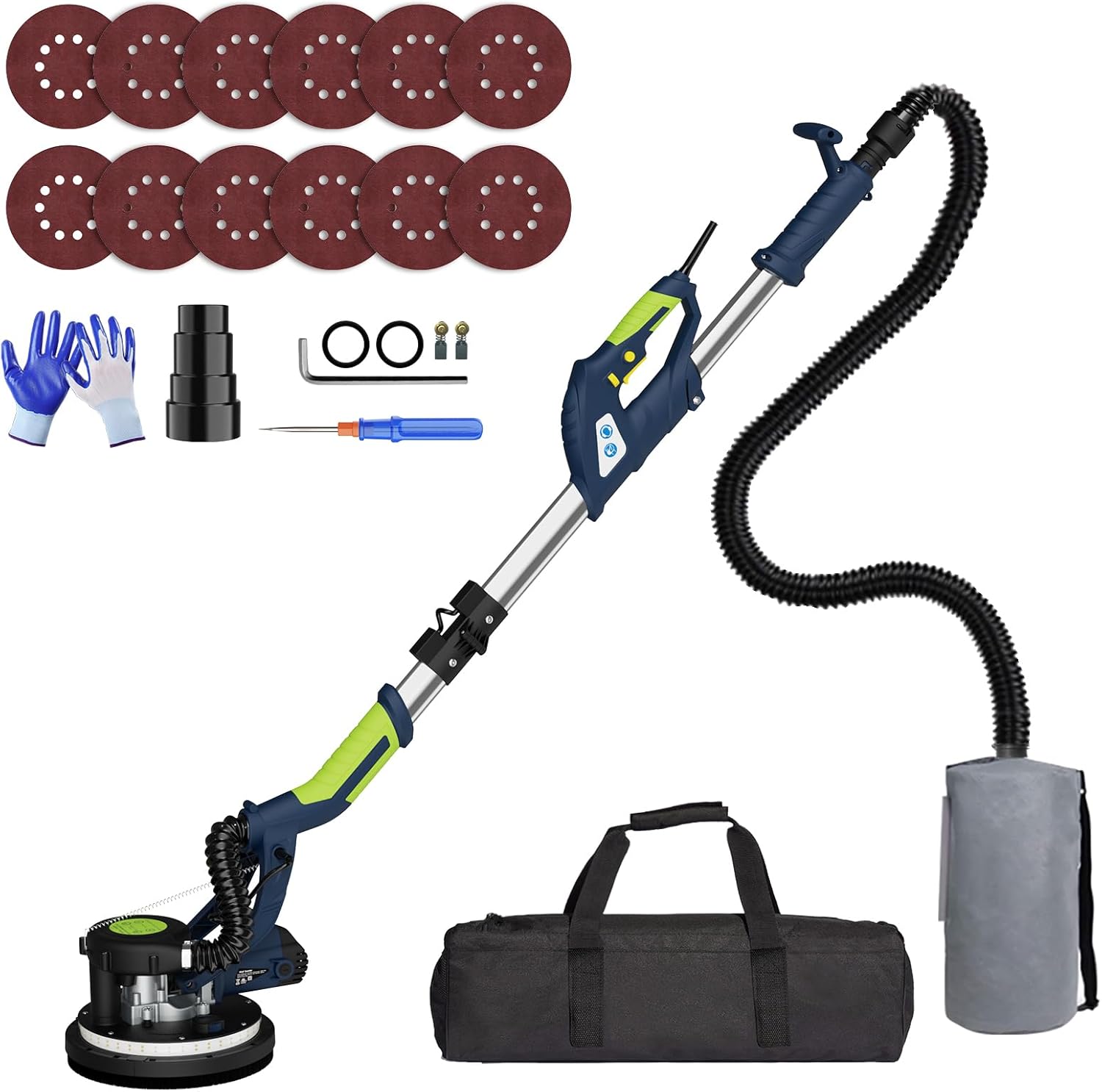 Drywall Sander with Vacuum Attachment, IMQUALI 750W Electric Sander Tool with Extendable Handle, Popcorn Ceiling Removal Tool with 7 Variable Speed 800-1750RPM, 12pcs Sanding Discs, LED Light, I01G