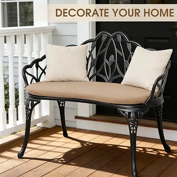 Outdoor Bench with Cushion, Cast Aluminum Double Seating | with Backrest and Armrests, Mental Outdoor Furniture for Patio, Porch, Garden, Park, Black Tulip