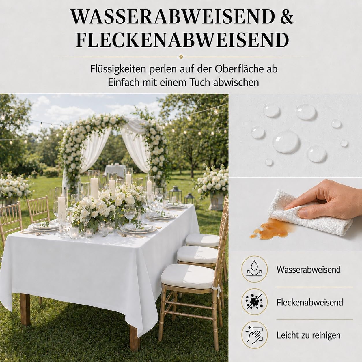 Pesonlook 4er-Set Rechteckige Tischdecke Weiß, 153 x 320 cm, Polyester-Tischtuch Waschbar, Wasserabweisend und Fleckenabweisend, Stofftischdecke für Hochzeit, Bankett, Party, Buffet