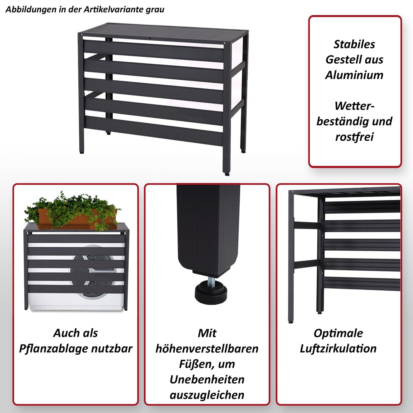 Mendler Alu Verkleidung für Klimaanlage/Wärmepumpe HWC-K59, Abdeckung Schutzgitter Pflanzenregal, Metall 73x90x38cm - grau