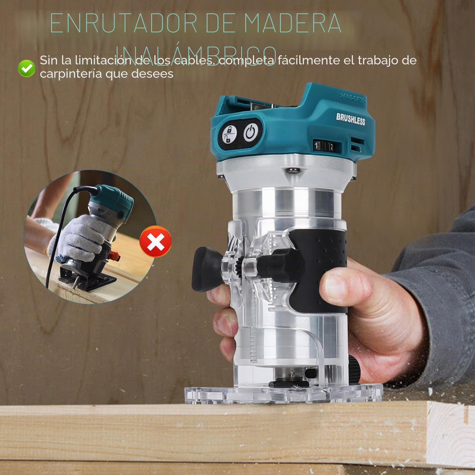 Fresadora Inalámbrica 1300W para Makita 18V (sin Batería) | Recortadora de Madera sin Escobillas, 6 Velocidades, Guía Recta, Rueda Guía, Fresa y 2 Llaves