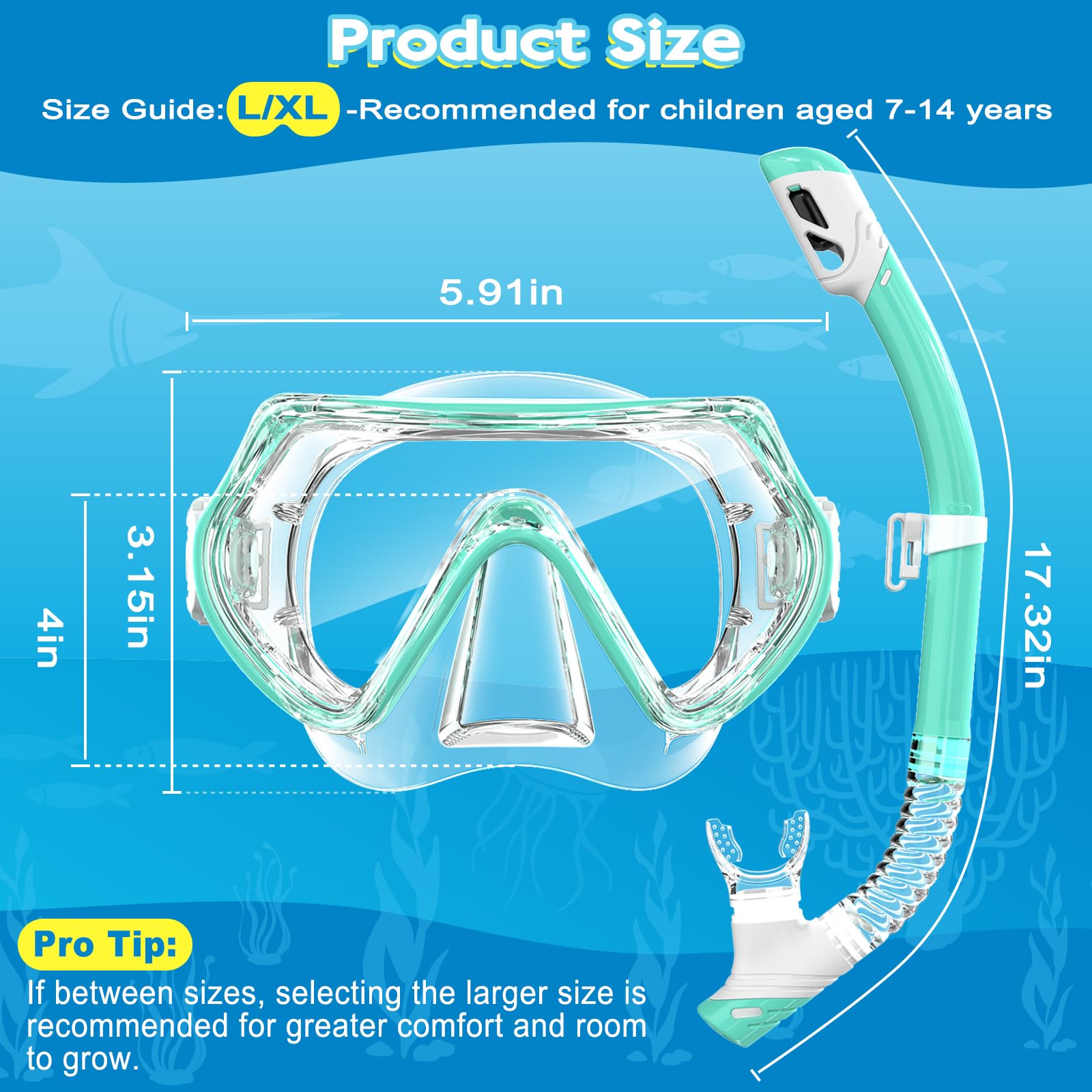 Set di 2 set di attrezzatura da snorkeling per bambini dai 3 ai 14 anni, anti-appannamento a 180°, con boccaglio e maschera da nuoto con copertura per il naso e occhiali in vetro temperato, per